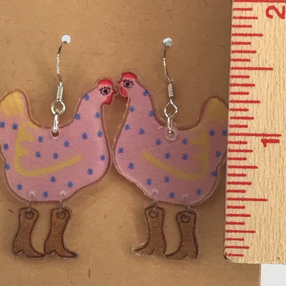 Pink Chicken Earrings for Bird Lovers Fashion Jewelry - Picture 2 of 4